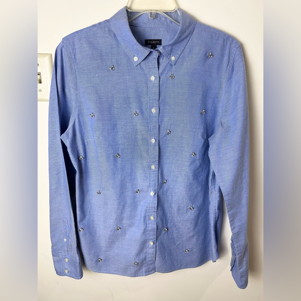 Talbots Rhinestone Oxford Shirt Women's‎ 12 Blue Rodeo Lightweight Western Party